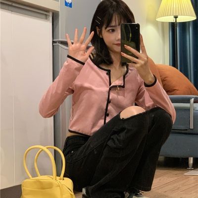 74979/早春奶油蜜桃韩系甜美洋气减龄女团风基础百搭拼色长袖短款开衫潮