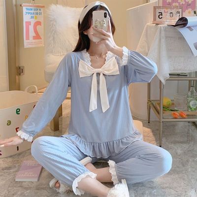 71035/长袖睡衣女春秋季薄款公主甜美可爱蕾丝花边娃娃领家居服两件套装