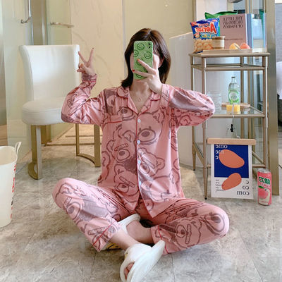 66732/睡衣女韩版新款ins风长袖宽松休闲卡通开衫格子可外穿家居服套装