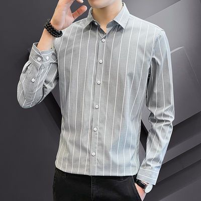衬衫男长袖2021新款韩版修身型潮流帅气百搭商务休闲高档条纹衬衣