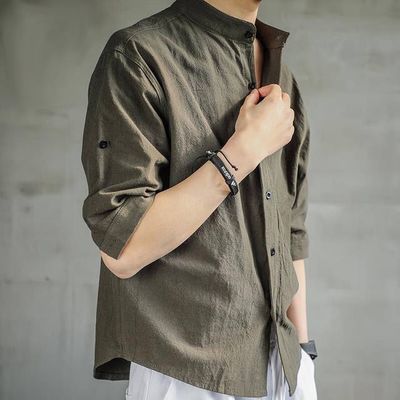 64637/亚麻衬衫男短袖潮流夏季薄款中国风棉麻宽松七分袖高级感衬衣痞帅