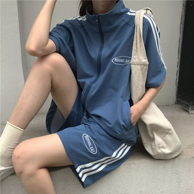 56101/运动休闲套装女夏季2021新款韩版学生洋气拉链开衫短袖短裤两件套