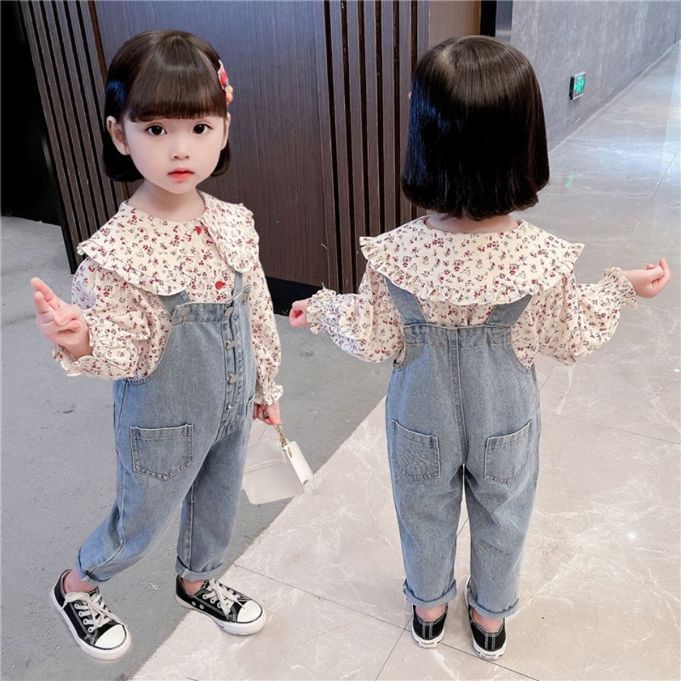 Girls denim overalls suit 2021 spring and autumn children's floral shirt autumn clothes baby girl casual two-piece set