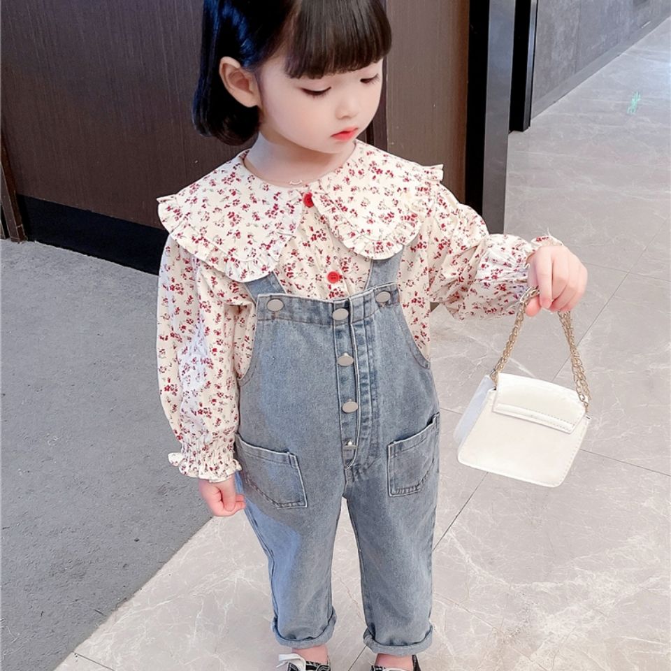 Girls denim overalls suit 2021 spring and autumn children's floral shirt autumn clothes baby girl casual two-piece set