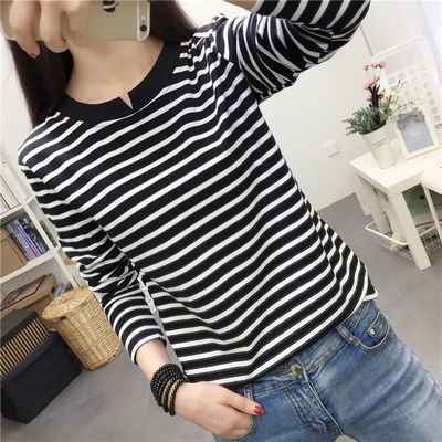 122674/2021新款条纹上衣服韩版秋衣外穿宽松打底衫女内搭长袖T恤女装潮
