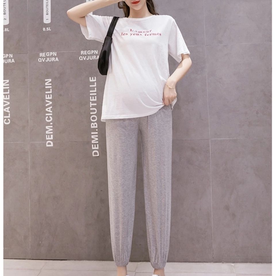Pregnant women's pants summer 9-inch thin loose anti mosquito pants wearing modal leggings and traceless abdominal pants