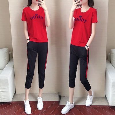 62128/大码休闲运动服套装女2021春夏新款宽松显瘦七分裤时尚短袖两件套