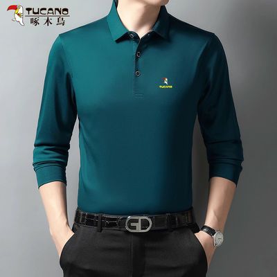 68663/啄木鸟男士长袖t恤春秋款中老年爸爸装翻领polo衫休闲纯色上衣服