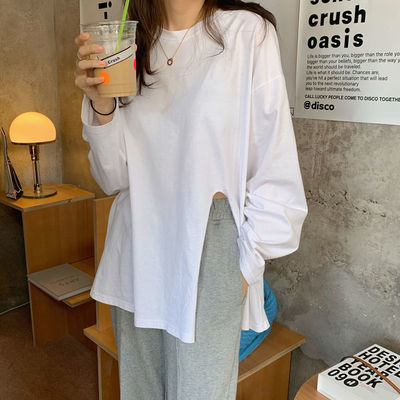 89438/100%纯棉t恤女长袖宽松开叉白色2021打底衫春夏叠穿中长上衣百搭