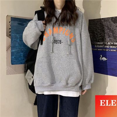 76401/ELE女装外贸连帽卫衣女潮2021秋季新款字母薄款学生百搭宽松上衣