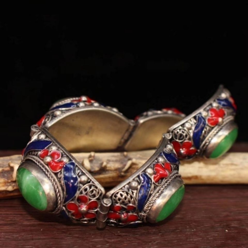 アクセサリー Tibet vintage- bangle Tibetan Silver Open Bangle Hollow Design Inlaid Jade Antique Style