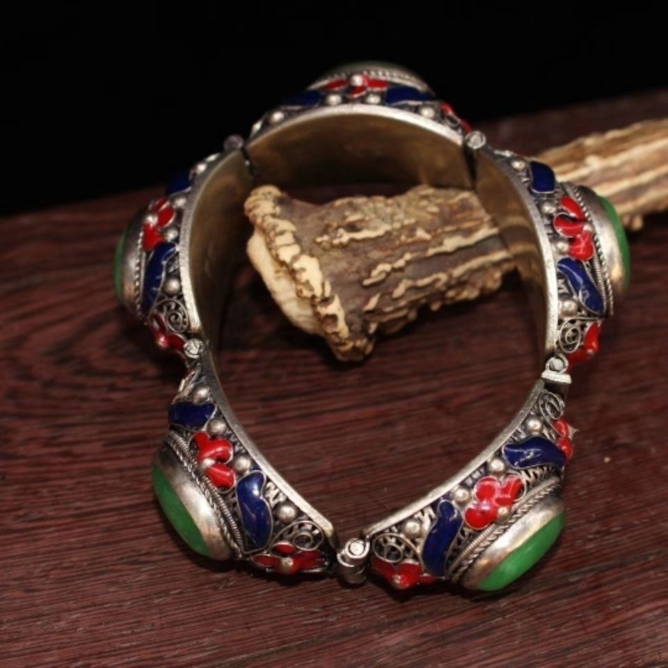 Tibetan Silver Open Bangle Hollow Design Inlaid Jade Antique Style