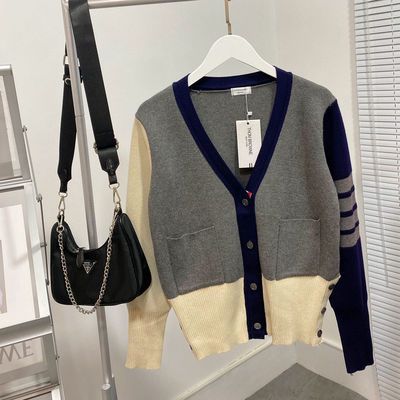 77755/0730 0早秋新款学院风四条杠针织拼色开衫