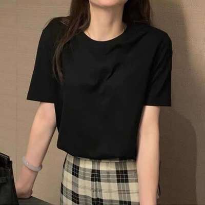 57557/y女装2021新款潮黑白色短袖t恤女春夏季圆领百搭宽松短款上衣