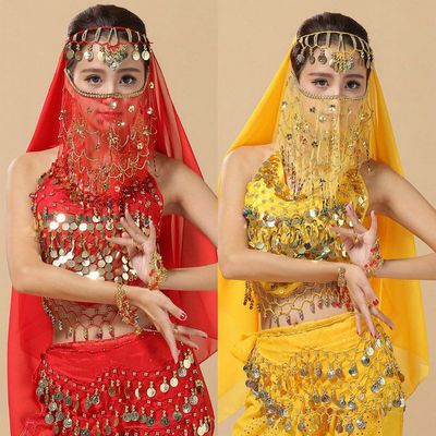 新款民族风印度舞演出服肚皮舞舞蹈服面纱上衣宝石手链头饰头纱巾