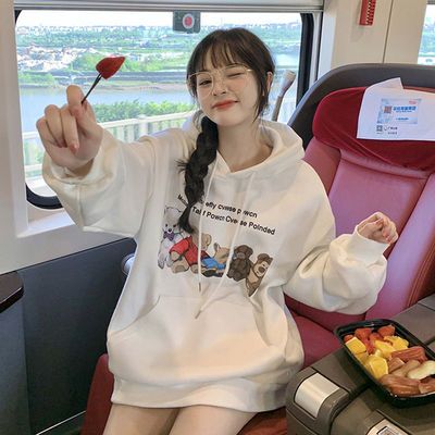 73681/连帽小熊卫衣宽松慵懒女秋冬款可爱减龄宽松中长款薄款长袖上衣潮