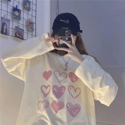 71947/创意爱心小众设计感宽松T恤女学生百搭盐系新款秋装长袖卫衣女潮