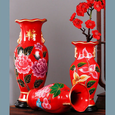 佛前供佛花瓶中国红花瓶插花摆件荷花牡丹手绘陶瓷瓶装家居花瓶