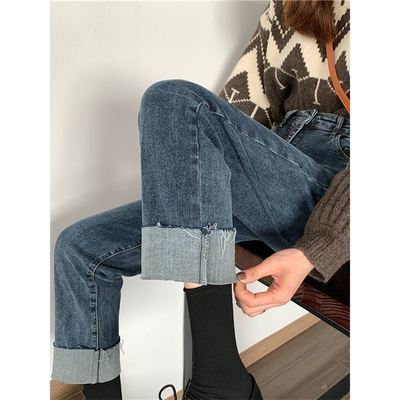 91031/2021秋季大码牛仔裤女卷边直筒高腰胖妹妹mm显瘦梨形身材裤子女