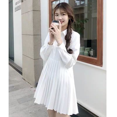 121607/长袖白色连衣裙短款小个子女2021夏秋新款韩版气质宽松百褶衬衫裙