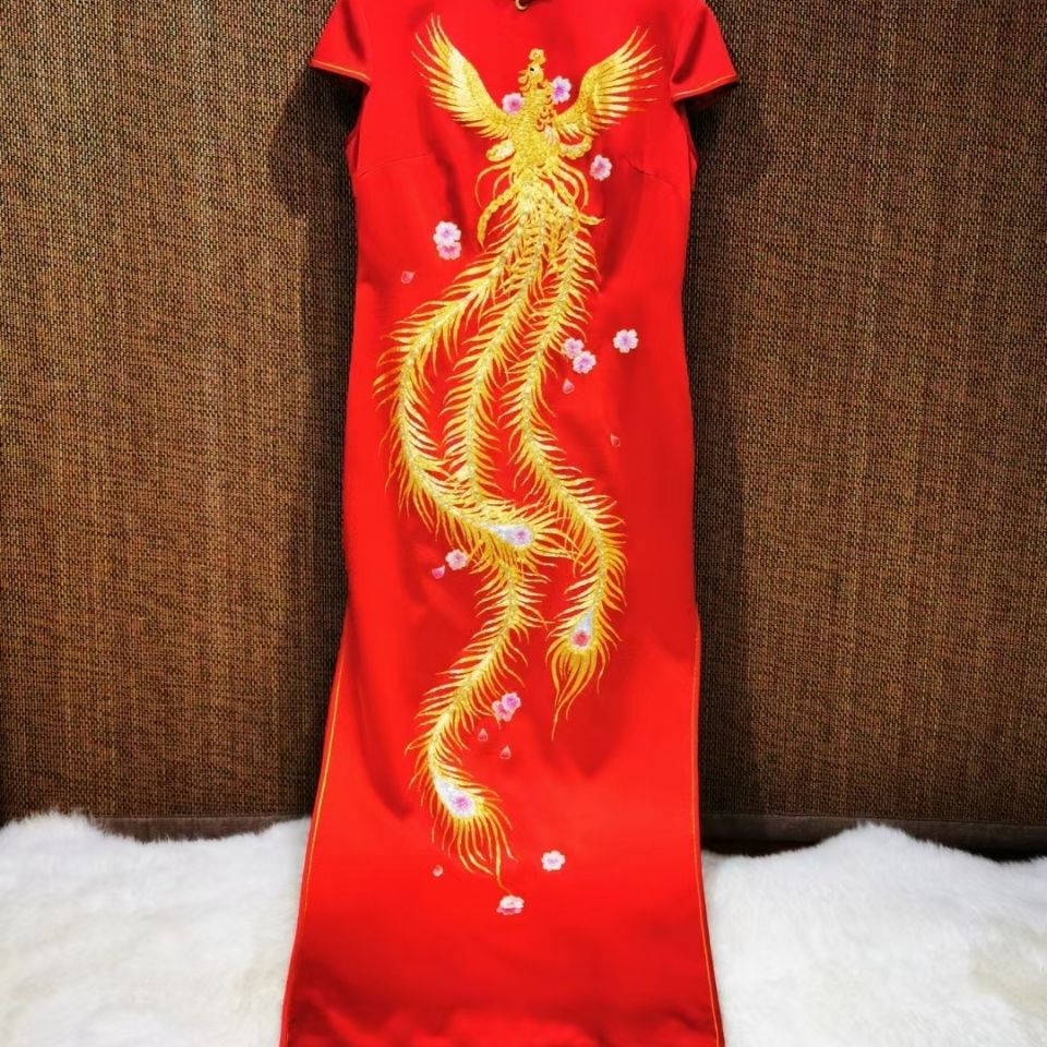 中国红国风风复古婚礼新娘妆敬酒服苏绣旗袍重磅真丝桑蚕丝盘金绣