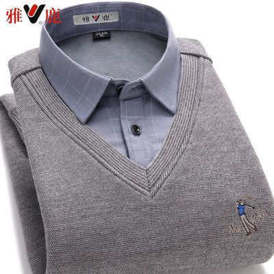 103060/雅鹿2021冬季羊毛男装假二件套头加绒保暖衬衫假两件休闲毛衣男式