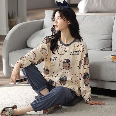 71932/棉质睡衣女秋长袖长裤宽松大码春秋季外穿家居服秋冬棉质休闲套装