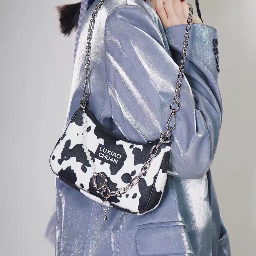 Original Cow Black Silver Chain Mobile Phone Bag for Women 2022 New Fashion Y2k Millennium Spicy Girl Underarm Bag