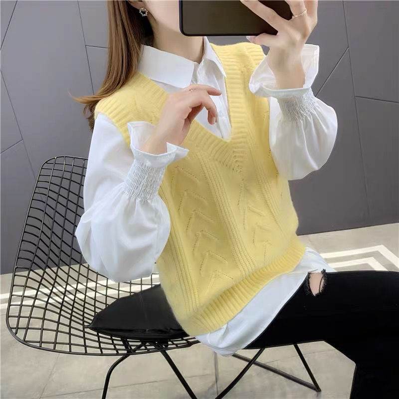  new sweater women's shirt vest vest two-piece suit knitted sweater spring and autumn loose and western style all-match