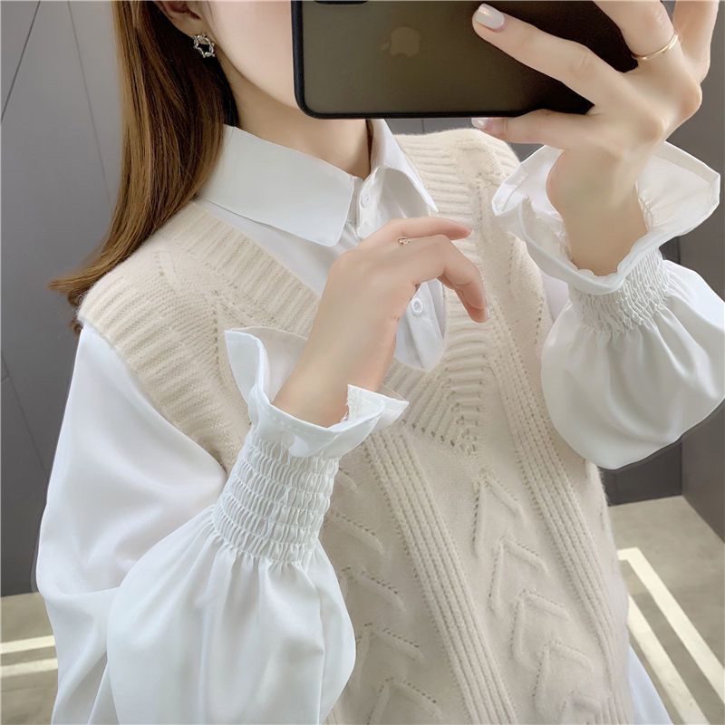  new sweater women's shirt vest vest two-piece suit knitted sweater spring and autumn loose and western style all-match