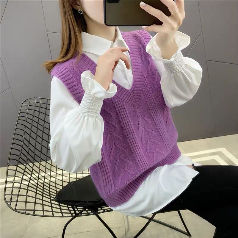  new sweater women's shirt vest vest two-piece suit knitted sweater spring and autumn loose and western style all-match