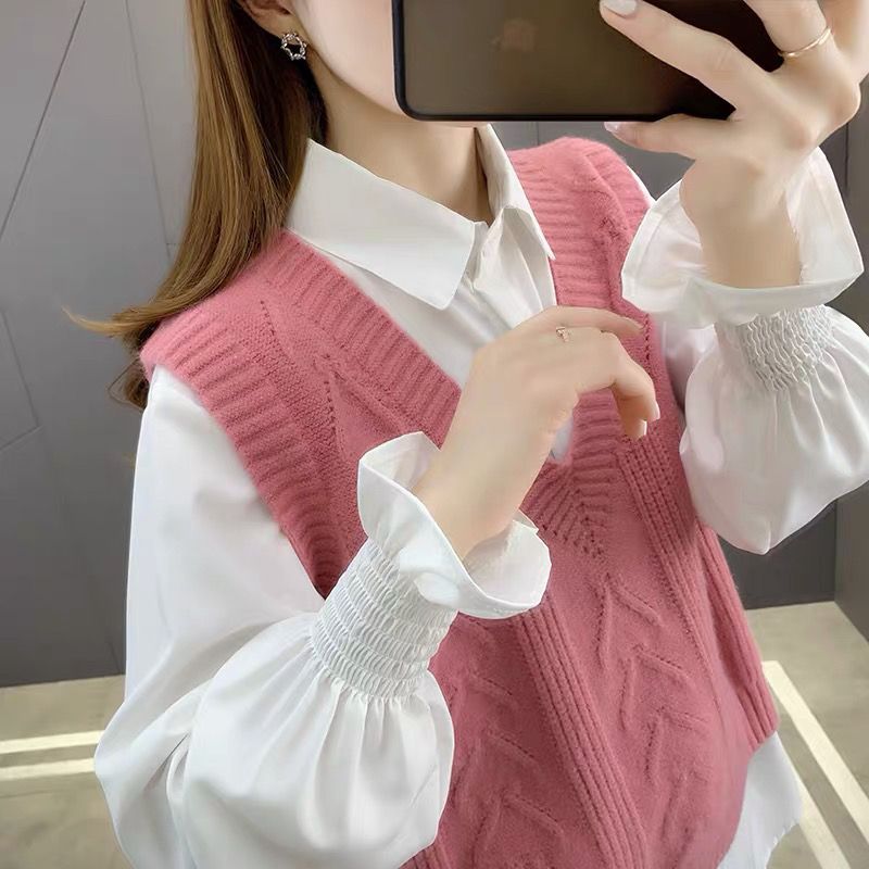  new sweater women's shirt vest vest two-piece suit knitted sweater spring and autumn loose and western style all-match