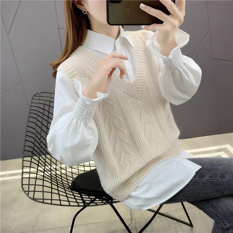  new sweater women's shirt vest vest two-piece suit knitted sweater spring and autumn loose and western style all-match