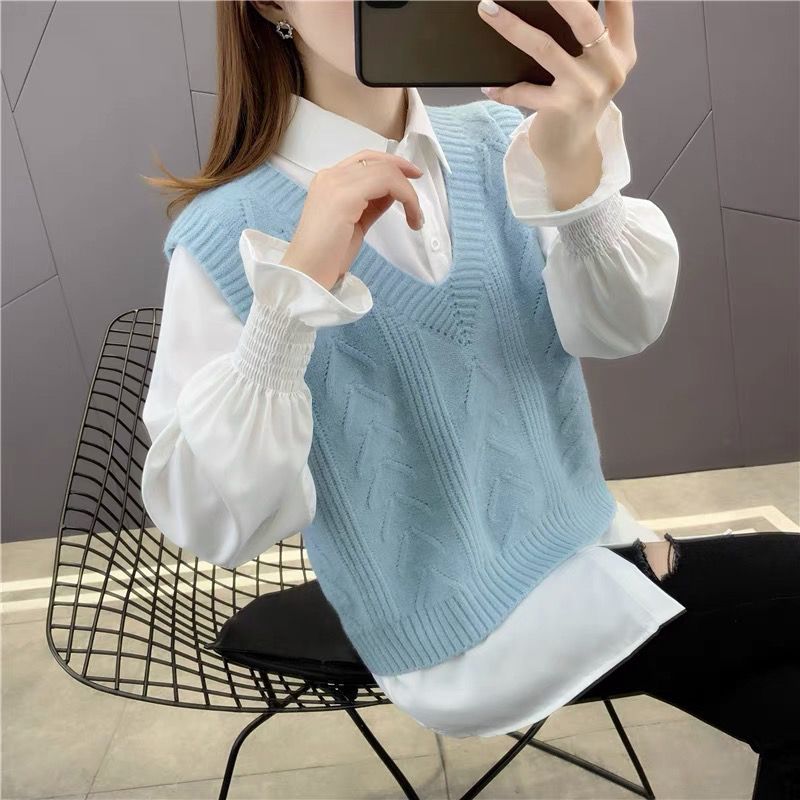  new sweater women's shirt vest vest two-piece suit knitted sweater spring and autumn loose and western style all-match