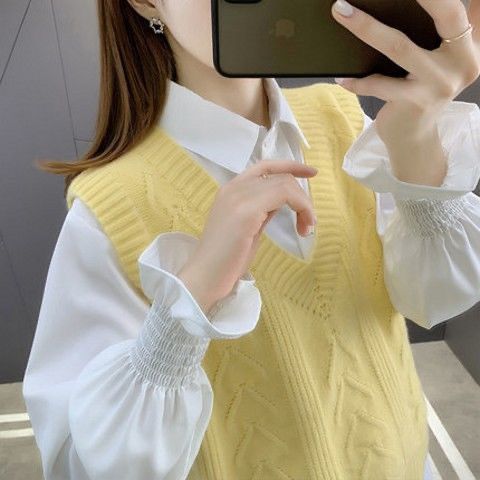  new sweater women's shirt vest vest two-piece suit knitted sweater spring and autumn loose and western style all-match