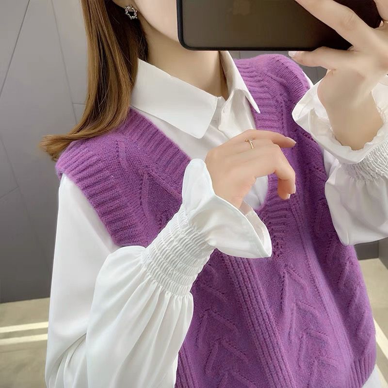  new sweater women's shirt vest vest two-piece suit knitted sweater spring and autumn loose and western style all-match