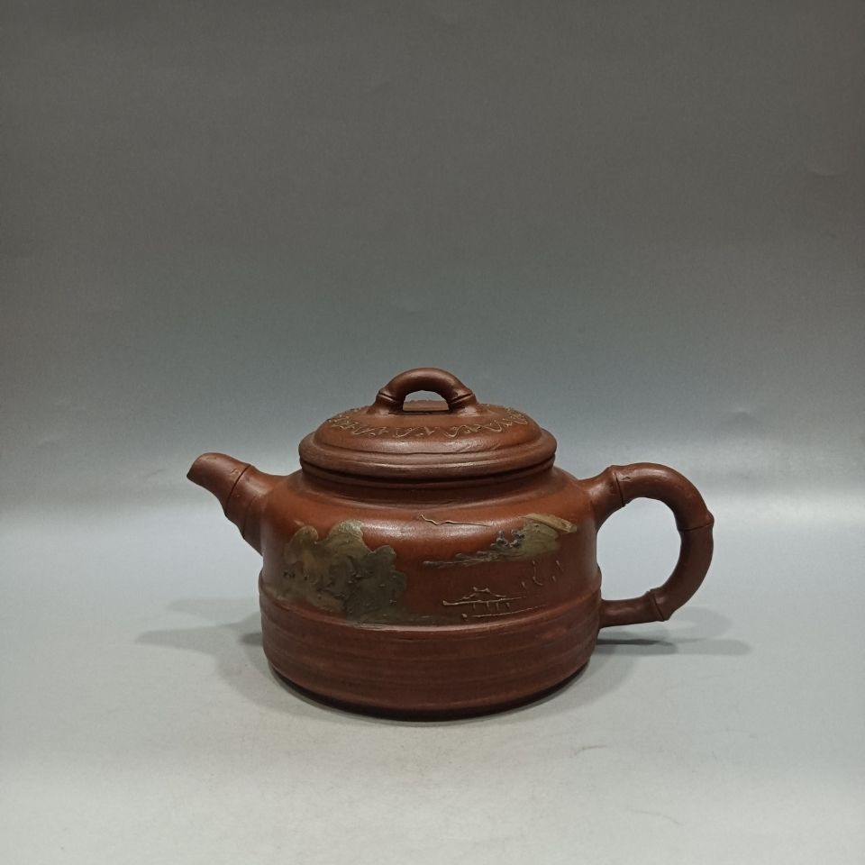 精品宜兴紫砂壶泥绘竹韵壶底款顾景舟纯手工制作原矿清水泥老茶壶