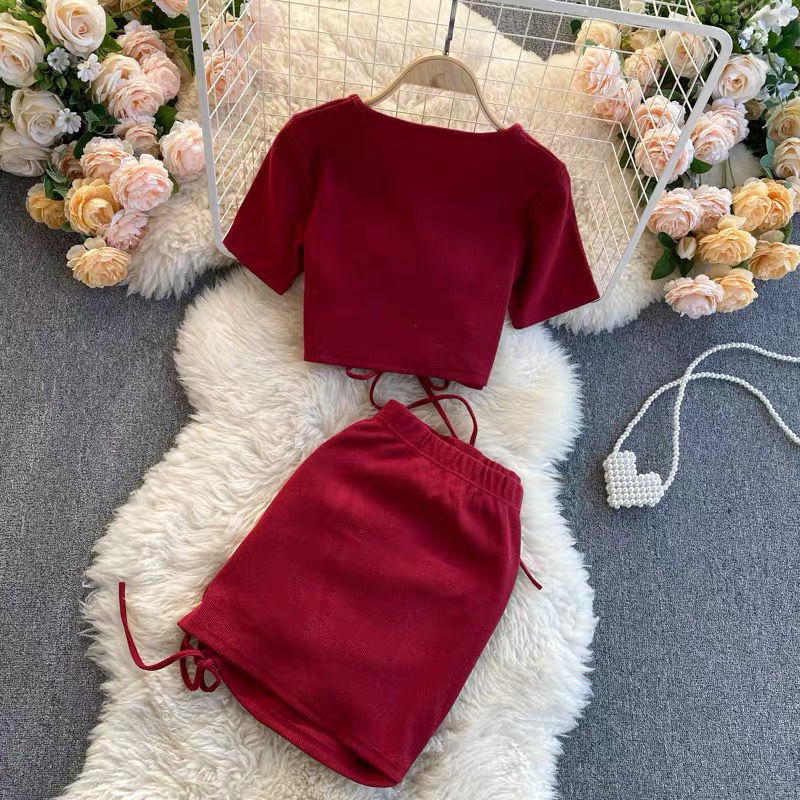 Girls summer new Korean version of cotton heart machine collar drawstring self-cultivation short top drawstring skirt two-piece suit