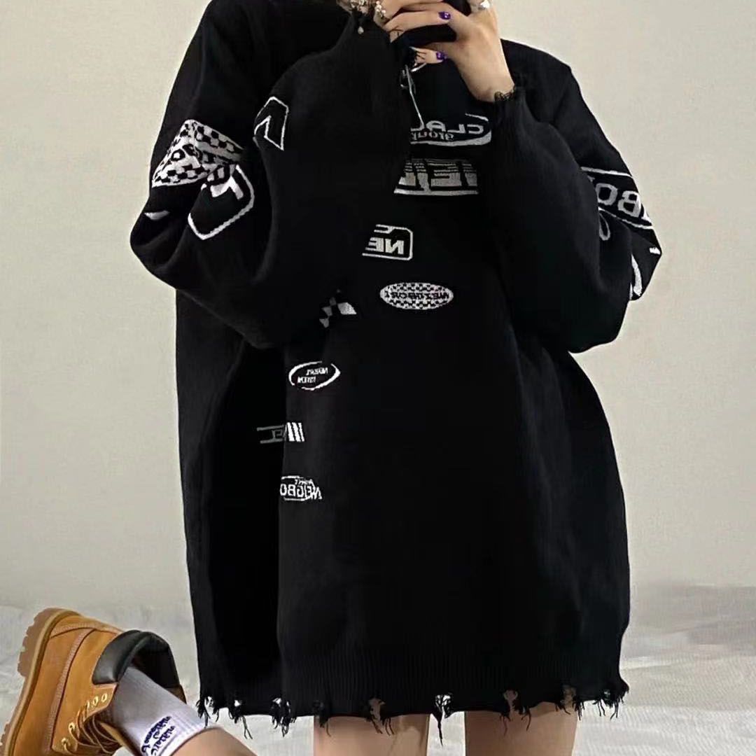 neigborl潮牌复古毛边赛车服字母提花黑色毛衣宽松男女情侣针织衫【12