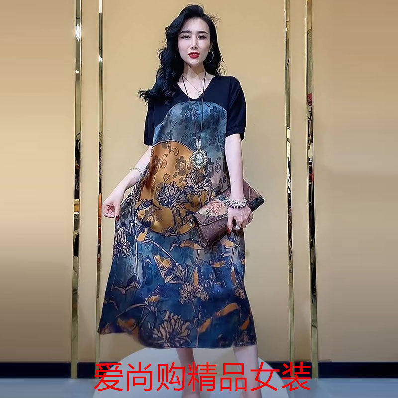 时尚妈妈装连衣裙女2021夏新款宽松复古印花裙子高端优雅气质长裙