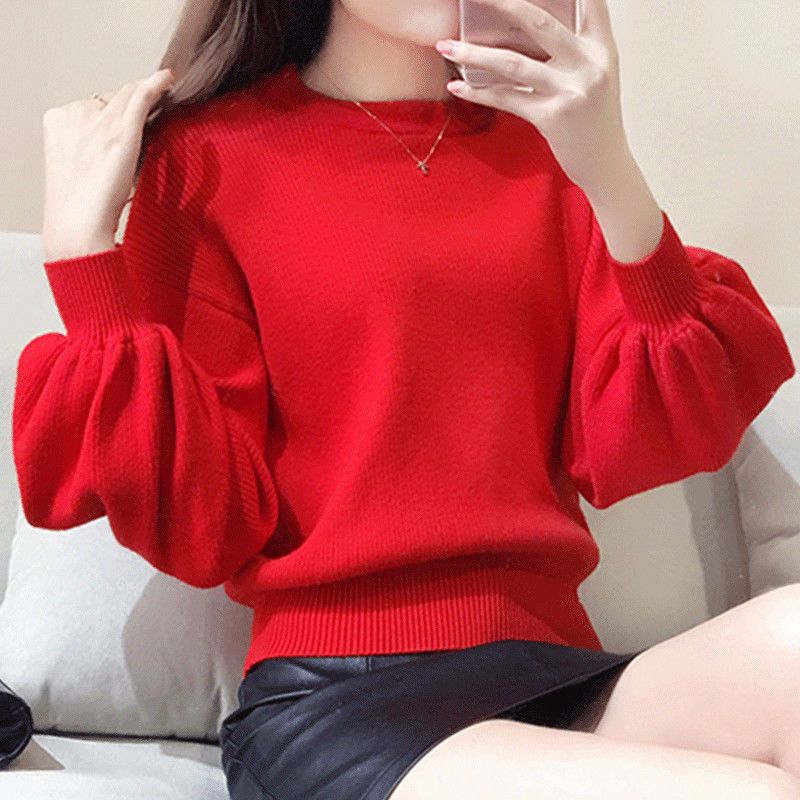 本命年红色毛衣女秋冬2021年新款外穿慵懒洋气短款加厚灯笼袖上衣