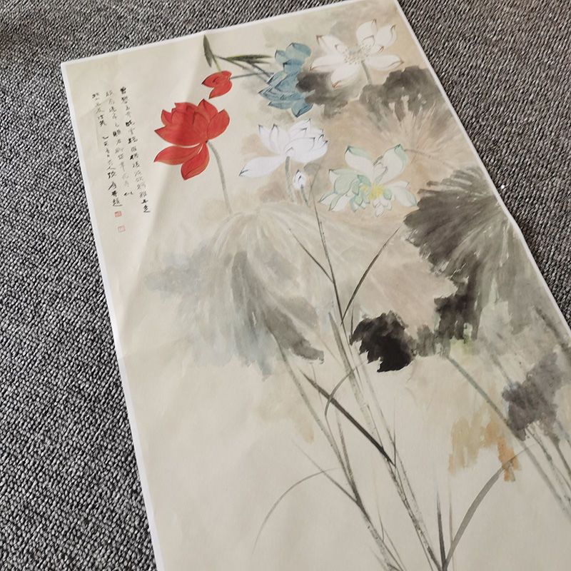 名画家张大千作品五色荷花图风景图高清喷绘装饰美图