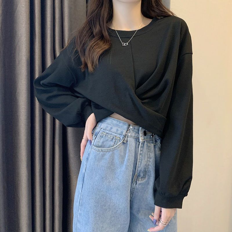 甜辣妹交叉上衣女春秋季2021新款小众设计感洋气百搭长袖t恤ins潮