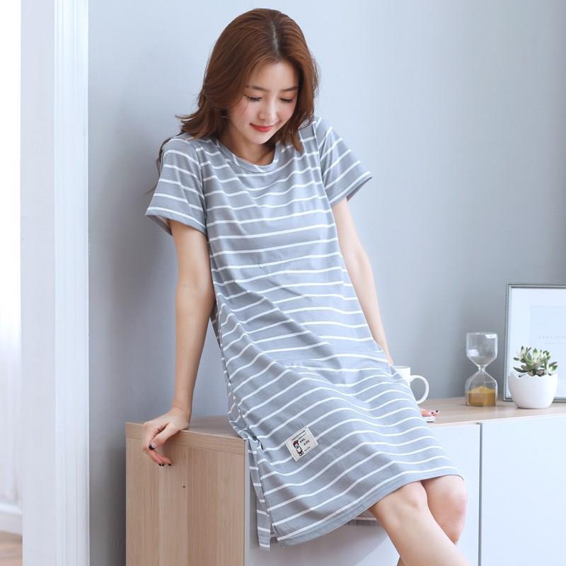 Summer short-sleeved pajamas nightdress women's cotton loose mid-length dress home service cotton striped summer thin section
