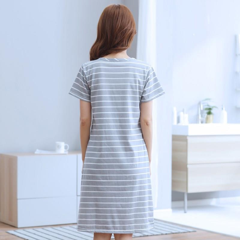 Summer short-sleeved pajamas nightdress women's cotton loose mid-length dress home service cotton striped summer thin section