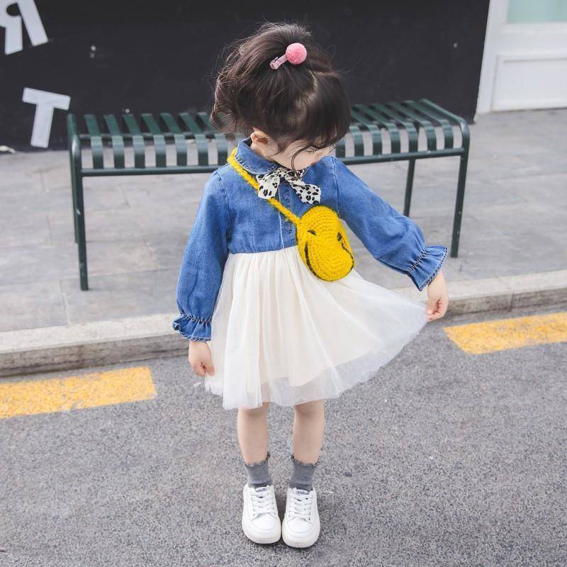 Girls dress autumn style 2023 long-sleeved denim mesh skirt Korean style casual baby girl skirt princess skirt foreign style