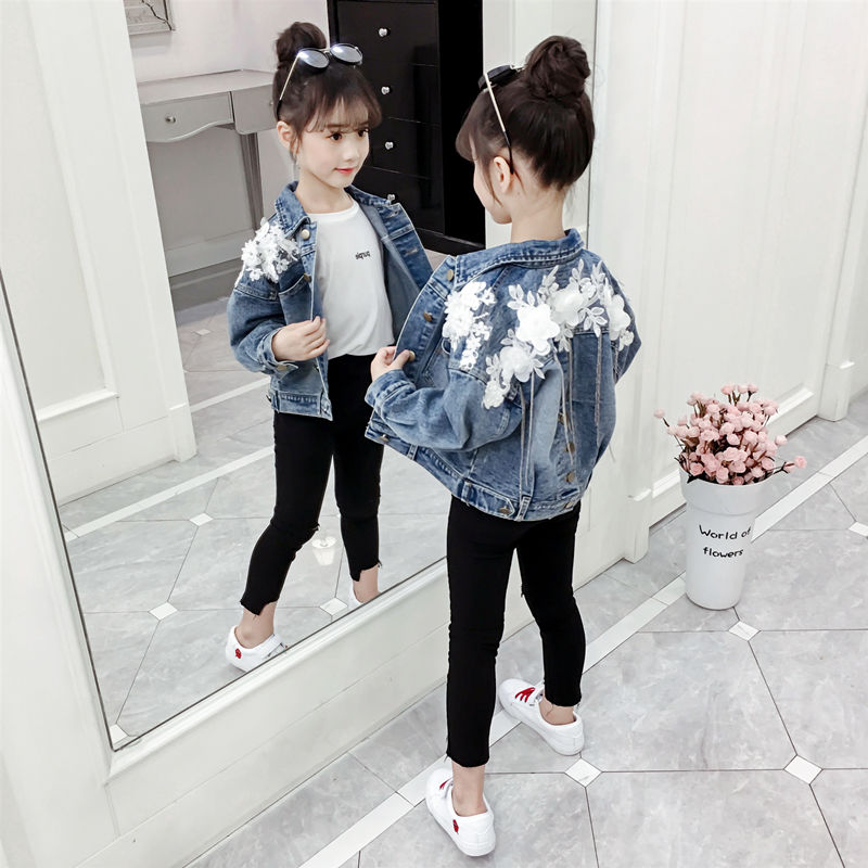 2020 new girls' denim coat autumn children's wear Korean fashionable flower tassel little girl's foreign style top