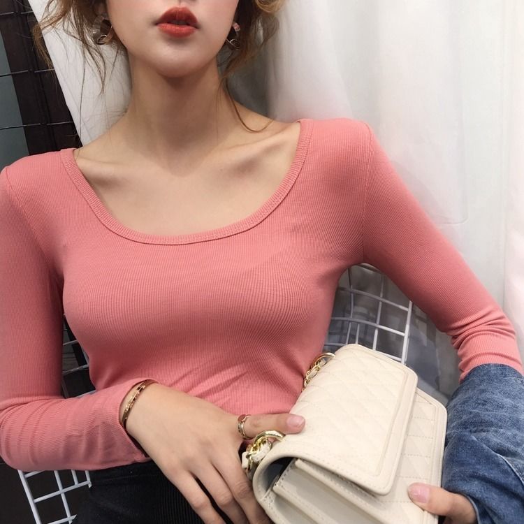 95 cotton long sleeve T-shirt for female students Korean fashion U-neck solid color bottoming shirt slim fit and wear top new style in early autumn and winter