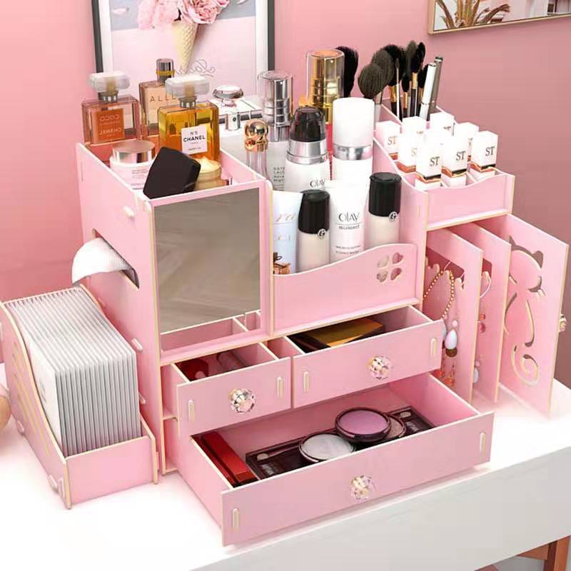 Net red cosmetic storage box wooden desktop finishing drawer with mirror dressing table lipstick skin care products shelf