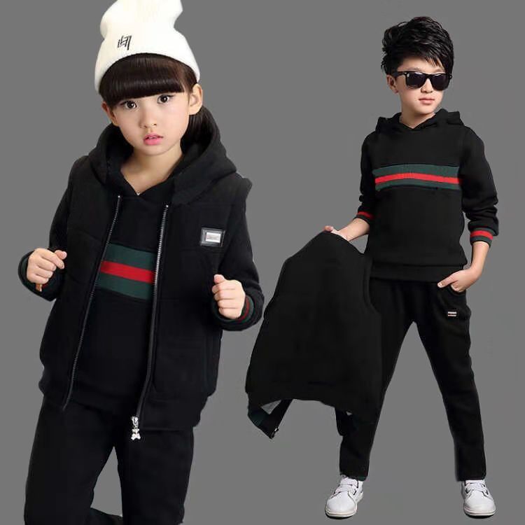 Autumn and winter children's 3-piece sweater with vest Pants Boys and girls' suit Plush